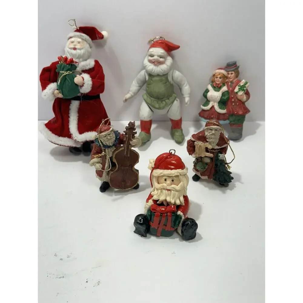 Vintage lot 6 Tree ornaments Christmas Santa Claus Couple Resin Ceramic 70’s80’s